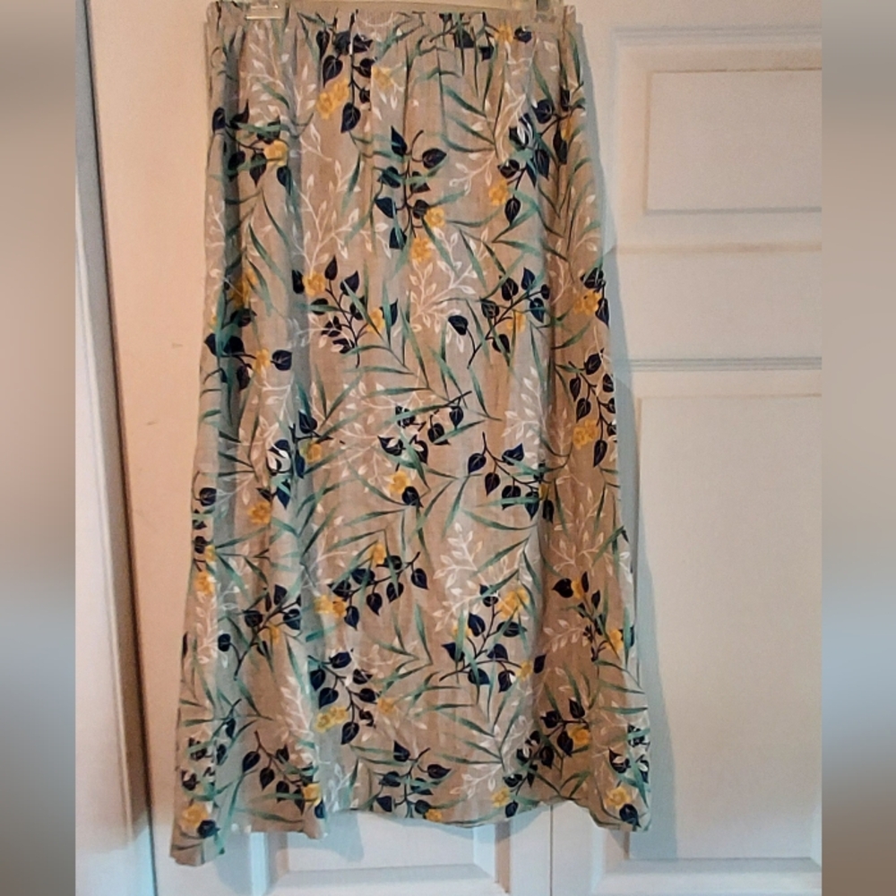 Orvis Linen Midi Skirt 4P Beige Blue Floral Pullon Straight A Line Modest Boho